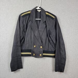 Vtg Cristina Maxx 100% Linen Black Gold LS Button Up Cropped Jacket Women's 8